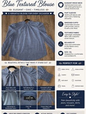 Chic Me Blue Textured Mock Neck Blouse